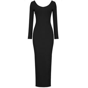 Detailed close-up of black long sleeve ribbed knit maxi dress showing texture and fabric