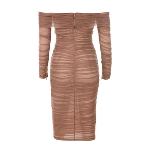 Close-up of the elegant back zipper and gathered mesh fabric of the brown bodycon dress