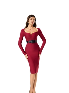 Elegant deep red long sleeve midi dress with a sleek black belt for professional office wear