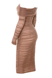 Detail view of ruched sheer mesh texture and back hidden zipper on brown off-shoulder dress