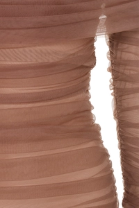 Macro detail of mocha brown ruched mesh fabric texture for bodycon evening party dress