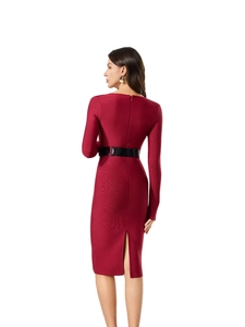 Elegant burgundy long sleeve bandage dress with black crocodile textured belt in back view