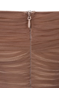 Detailed close-up of brown mesh fabric with ruching and teardrop nylon zipper detail