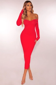 Detail of red off-shoulder long sleeve knitted midi dress with ribbed texture