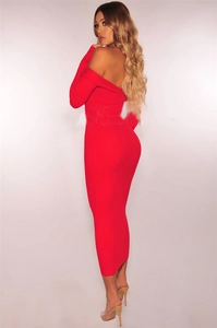 Detail view of red off-shoulder slim fit knitted midi dress with ribbed texture