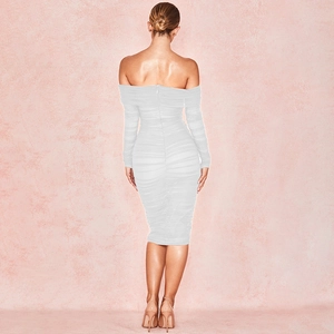 Detailed back view of white ruched off-shoulder midi dress with invisible zipper