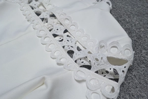 Détail de dentelle évidée découpée au laser sur tissu côtelé blanc avec finition translucide