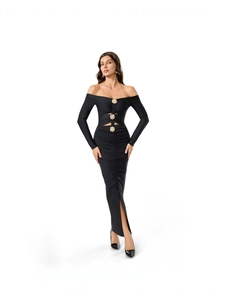 Robe moulante noire élégante à épaules dénudées et manches longues avec fronces