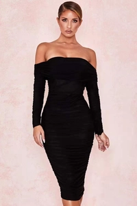 Detail of ruched black off-shoulder midi dress showing fine mesh texture and slim fit