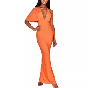 Women Sexy Deep V Neck Backless Bandage Maxi Dress Asymmetric One Sleeve Bodycon Formal Evening Party Long Dress Gown