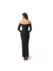 Robe longue bandage noire à épaules dénudées avec détails froncés et coupe moulante