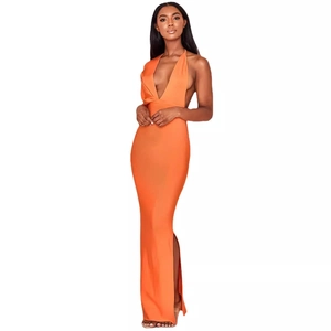 Elegant bright orange deep V-neck bandage maxi dress with high slit and backless design
