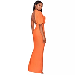 Elegant bright orange single-shoulder long bandage dress with backless design and slim fit
