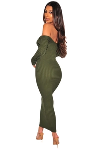 Elegant olive green off-shoulder ribbed knit maxi dress in slim fit silhouette