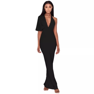 Elegant black long-length bandage dress with one-shoulder design and deep V-neckline