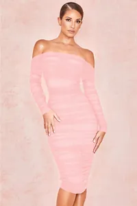 Close-up of ruched mesh texture and off-shoulder sleeve on pink midi party dress