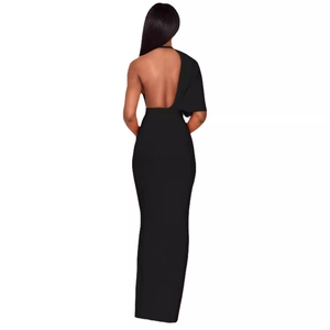 Elegant black backless bandage dress with a long fishtail silhouette and one-shoulder design
