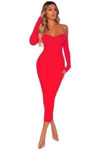 Elegant red off-shoulder slim fit knit dress with long sleeves and bodycon silhouette