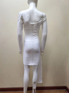 Detail view of white bandage mini dress featuring invisible back zipper and slim fit cut