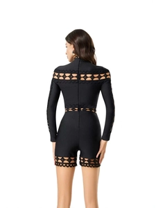 Combishort bandage noir à manches longues avec détails ajourés pour soirée chic