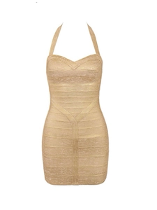 Robe mini bandage or champagne avec licou et texture croisée en V pour soirée