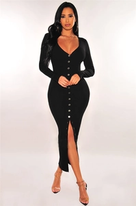 Detail of slim fit V-neck knitted dress with long sleeves and front button closure