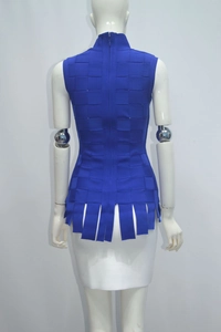 Rear view of royal blue sleeveless bandage top with high neck and invisible back zipper