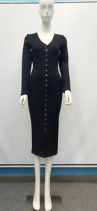 Detail view of black V-neck knitted dress with long sleeves and front button row