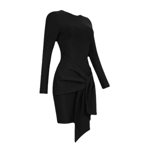 Robe moulante noire à manches longues avec nœud à la taille et texture côtelée