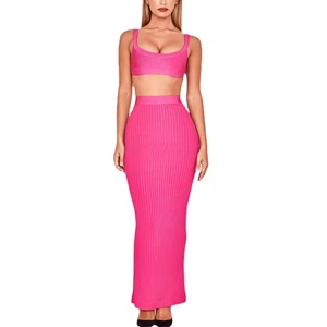 Damen Rippenstrick Top Und Bottom Ärmelloses Crop Top Und Maxirock Mit Hohem Bund Zweiteiler Set Sexy Einfarbig Outfit