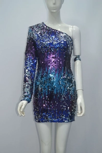 Detail of blue and purple gradient sequins on a one-shoulder mini party dress