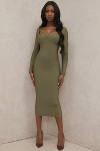 Robe midi vert olive avec décolleté en cœur et manches longues en tissu extensible