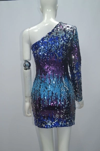 Detailed back view of one-shoulder sequin party dress with blue and silver gradient tones