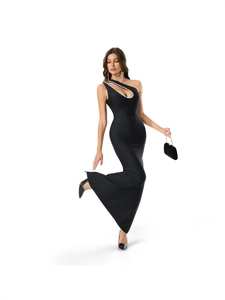 Elegant black one-shoulder evening gown with hollow-out rhinestone design and fishtail hem