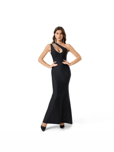Elegant one-shoulder black bodycon evening gown with cut-out details and silver rhinestones