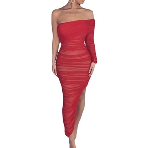 Red one-shoulder ruched mesh maxi dress with asymmetrical hem and long sleeve