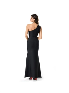 Elegant one-shoulder black mermaid bandage dress with backless design and rhinestone accents