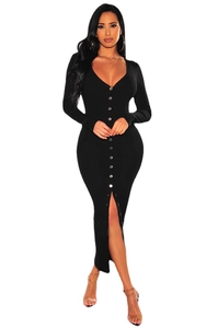 Slim fit black long sleeve dress with V-neck and button-down front details