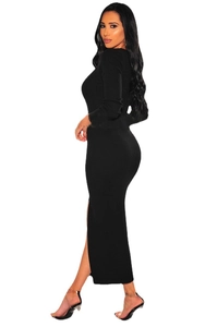 Sexy black long sleeve bodycon maxi dress with deep v-neck and high side split design