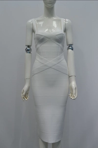 Close-up of white bandage dress featuring V-neckline and horizontal weave texture