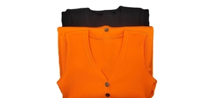 Slim fit long sleeve dress with deep V-neck and button detail in ribbed orange and black fabric