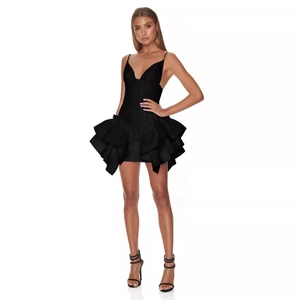 Elegant black spaghetti strap mini dress with multi-layered ruffles and deep V-neck