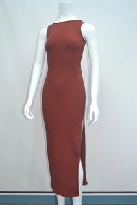 Rust red sleeveless ribbed knit midi dress with side slit and elegant slim fit style