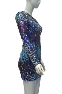 Elegant one-shoulder sequin party dress with blue and purple gradient and long sleeves