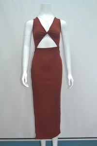 Rust red sleeveless knit midi dress with twist front cutout design and ribbed texture