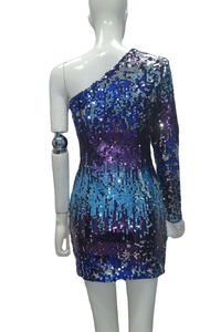 One-shoulder sequin party dress with purple to blue gradient and slim fit design