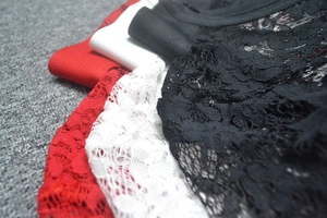 Vue macro détaillée du tissu en dentelle florale de haute qualité en noir, blanc et rouge