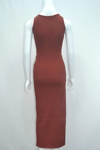 Close-up of brick red ribbed knit fabric on a sleeveless bodycon dress back view