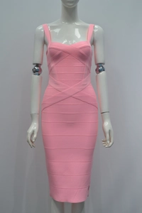 Detailed close-up of pink bandage dress showing high-elasticity ribbed fabric and texture