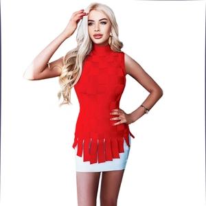 French style red high neck fringed vest top with white mini A-line skirt set